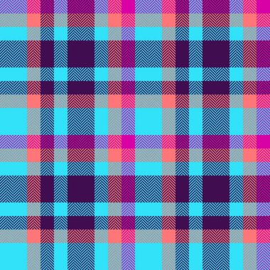 Dikensiz tartan deseninin ekoseli arkaplanını siyan ve mor renklerde tekstil kumaş dokusu vektörüyle kontrol et.