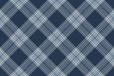 Ekose tekstil desenli arka plan tartan kumaşı. Mavi ve beyaz renklerde kusursuz bir vektör dokusuna sahip..