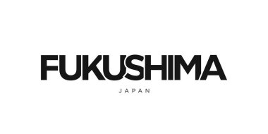 Japonya ambleminde Fukushima. Tasarım, modern bir yazı tipinde cesur bir tipografiye sahip geometrik bir stile, vektör illüstrasyonuna sahiptir. Grafik slogan harfleri.