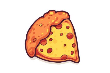 Eritilmiş peynirli ve pepperonili üçgen pizza dilimi. Çizgi film çıkartması. Çizgi roman stili. Tebrik kartı, poster, elbise baskısı, amblem için yiyecek tasarımı. Vektör illüstrasyonu.