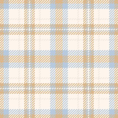 Deniz kabuğu ve açık renkli kumaş desenli ekose arka planı olan tartan tekstilinin kusursuz desen vektörü.
