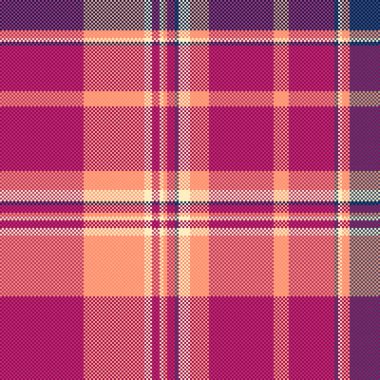 Ekose kumaşın kusursuz arkaplan kumaşı. Pembe ve turuncu renklerde kontrol desenli desen vektörü var..