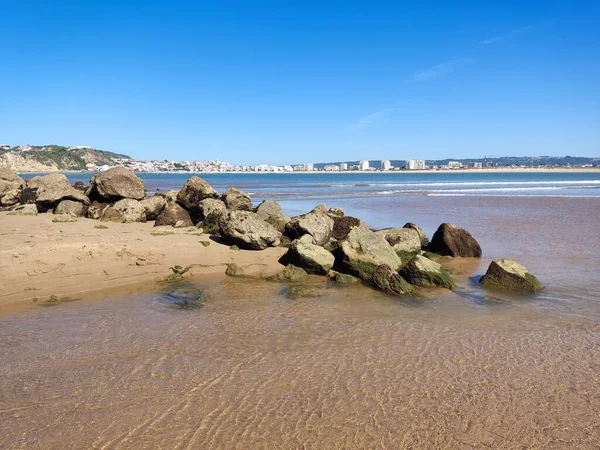 Plaj Islak Kum Dokusu Kumlu Sahil Bej Arka Planı Boş — Stok fotoğraf