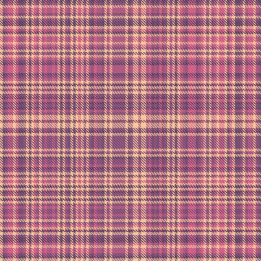 Pembe ve turuncu renklerde arka plan kumaşlı tartan tekstili ile desensiz desenli desenli ekoseli dokuma kontrolü.