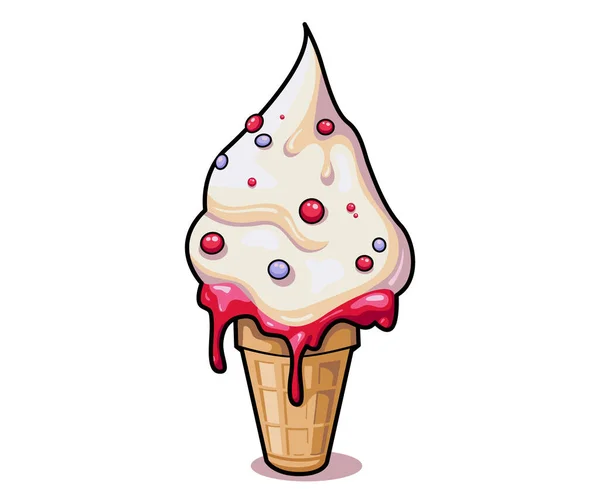 甜甜的冰激凌融化的球在华夫饼锥孤立的背景 矢量扁平图标 用于T恤衫设计的卡通风格插图中的漫画人物 — 图库矢量图片