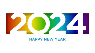 Mutlu yıllar 2024, yatay afiş. Broşür ya da takvim kapağı tasarım şablonu. Gökkuşağı arka planında kağıt kesme sanatı.