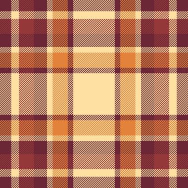 Ekose desenli kumaşın tekstil arkaplanı ve kırmızı ve kehribar renkli tartan kumaş vektörü..