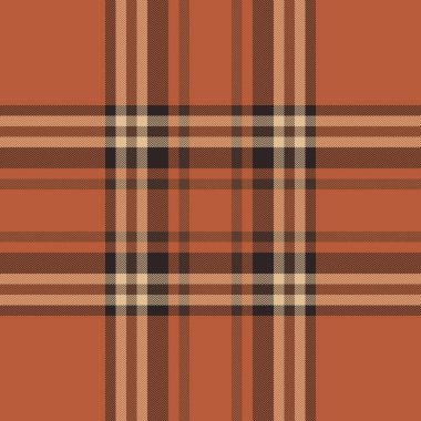 Turuncu ve koyu renklerde ekoseli vektör dokusuna sahip tartan arkaplan desenli kumaş dikişsiz tekstil.