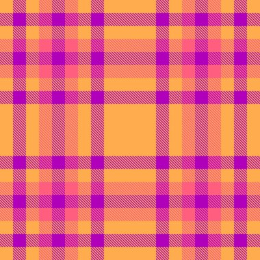 Kumaş arka plan vektörünün turuncu ve mor renklerde tekstil olmayan desenli ekoseli kumaşı..