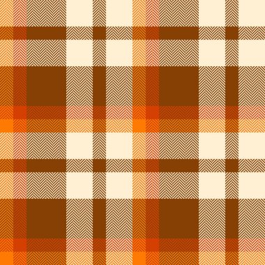 Turuncu ve badem renklerinde ekosesiz desenli ekose desenli tekstil içeren tartan desen vektörünün kumaş kontrol arkaplanı.