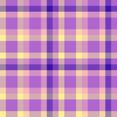 Ekose tekstil kontrolünün desen deseni mor ve sarı renklerde kusursuz kumaş tartan vektörü ile.