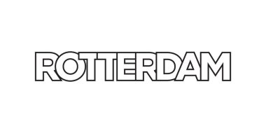 Hollanda 'daki Rotterdam amblemi baskı ve ağ için. Tasarım, modern yazı tipinde cesur tipografiye sahip geometrik stil, vektör illüstrasyonuna sahiptir. Beyaz arkaplanda izole edilmiş grafiksel slogan harfleri.
