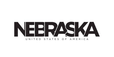 Nebraska, ABD tipografi sloganı. Baskı ve web ürünleri için grafik şehir harfleriyle Amerika logosu.