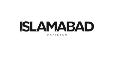 Pakistan ambleminde parmak izi ve ağ için İslamabad. Tasarım, modern yazı tipinde cesur tipografiye sahip geometrik stil, vektör illüstrasyonuna sahiptir. Beyaz arkaplanda izole edilmiş grafiksel slogan harfleri.