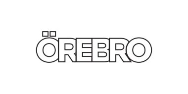 İsveç ambleminde basılı ve internetli Orebro. Tasarım, modern yazı tipinde cesur tipografiye sahip geometrik stil, vektör illüstrasyonuna sahiptir. Beyaz arkaplanda izole edilmiş grafiksel slogan harfleri.