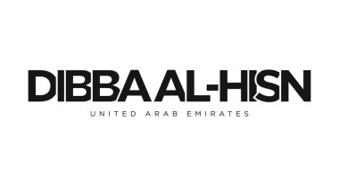 Dibba Al-His 'in Birleşik Arap Emirlikleri amblemi basım ve ağ için. Tasarım, modern yazı tipinde cesur tipografiye sahip geometrik stil, vektör illüstrasyonuna sahiptir. Beyaz arkaplanda izole edilmiş grafiksel slogan harfleri.