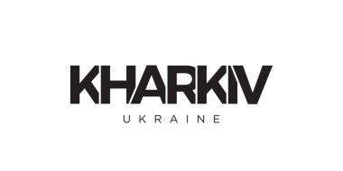 Kharkiv Ukrayna ambleminde baskı ve ağ için. Tasarım, modern yazı tipinde cesur tipografiye sahip geometrik stil, vektör illüstrasyonuna sahiptir. Beyaz arkaplanda izole edilmiş grafiksel slogan harfleri.