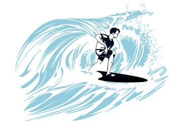 Surfing on a wave in the ocean. Surf rider on big waves. Surfer vector illustration in flat design for t shirt print or club banner. clipart