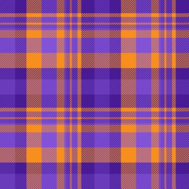 Ekose vektör dokusuna sahip dikişsiz kumaş desenli arka plan tekstil kumaşı menekşe ve turuncu renklerde kontrol dokusu.