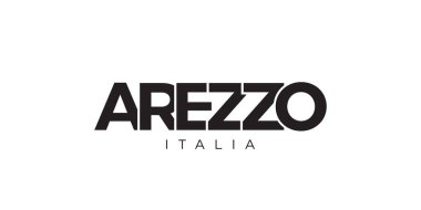 İtalya ambleminde parmak izi ve ağ için Arezzo. Tasarım, modern yazı tipinde cesur tipografiye sahip geometrik stil, vektör illüstrasyonuna sahiptir. Beyaz arkaplanda izole edilmiş grafiksel slogan harfleri.