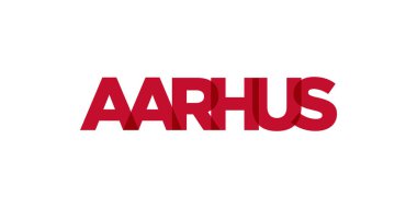 Aarhus, Danimarka ambleminde basılı ve internetli. Tasarım, modern yazı tipinde cesur tipografiye sahip geometrik stil, vektör illüstrasyonuna sahiptir. Beyaz arkaplanda izole edilmiş grafiksel slogan harfleri.