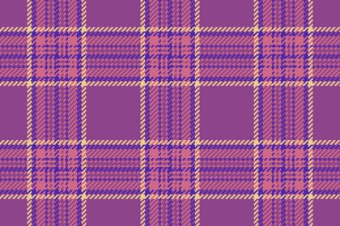 Eflatun ve kırmızı renklerde kumaş dikişsiz tekstil vektörü ile ekose arkaplan dokusunun desensel tartan kontrolü.