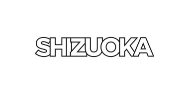 Shizuoka Japonya ambleminde baskı ve ağ anlamına geliyor. Tasarım, modern yazı tipinde cesur tipografiye sahip geometrik stil, vektör illüstrasyonuna sahiptir. Beyaz arkaplanda izole edilmiş grafiksel slogan harfleri.