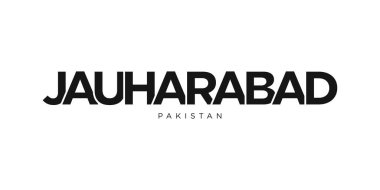 Pakistan ambleminde baskı ve ağ için Jauharabad. Tasarım, modern yazı tipinde cesur tipografiye sahip geometrik stil, vektör illüstrasyonuna sahiptir. Beyaz arkaplanda izole edilmiş grafiksel slogan harfleri.