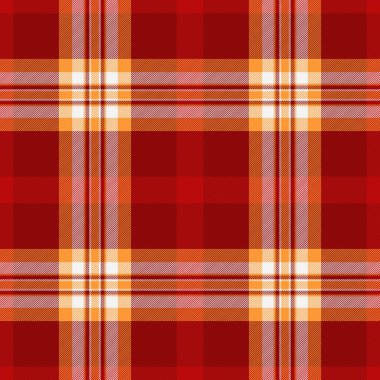 Kırmızı ve koyu safran renkleriyle ekose kumaş tekstil kontrollü tartan desenli kusursuz vektör dokusu.