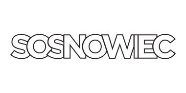 Polonya ambleminde baskı ve ağ için Sosnowiec. Tasarım, modern yazı tipinde cesur tipografiye sahip geometrik stil, vektör illüstrasyonuna sahiptir. Beyaz arkaplanda izole edilmiş grafiksel slogan harfleri.