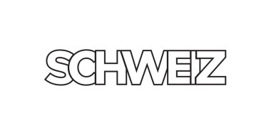 Baskı ve ağ için İsviçre amblemi. Tasarım, modern yazı tipinde cesur tipografiye sahip geometrik stil, vektör illüstrasyonuna sahiptir. Beyaz arkaplanda izole edilmiş grafiksel slogan harfleri.
