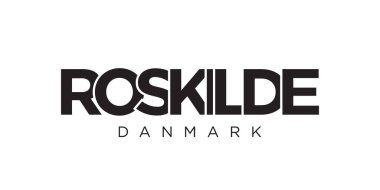Danimarka ambleminde baskı ve web için Roskilde. Tasarım, modern yazı tipinde cesur tipografiye sahip geometrik stil, vektör illüstrasyonuna sahiptir. Beyaz arkaplanda izole edilmiş grafiksel slogan harfleri.