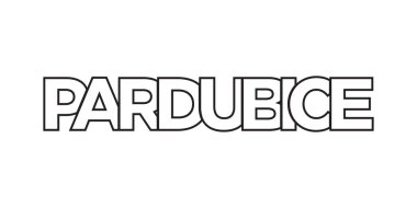 Çekçe yazılar ve internet için pardubice. Tasarım, modern yazı tipinde cesur tipografiye sahip geometrik stil, vektör illüstrasyonuna sahiptir. Beyaz arkaplanda izole edilmiş grafiksel slogan harfleri.