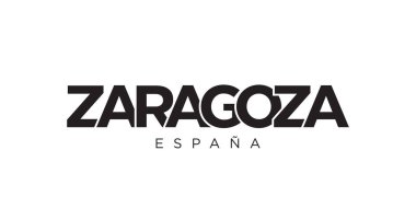 İspanya ambleminde Zaragoza 'nın basılı ve internetteki hali. Tasarım, modern yazı tipinde cesur tipografiye sahip geometrik stil, vektör illüstrasyonuna sahiptir. Beyaz arkaplanda izole edilmiş grafiksel slogan harfleri.