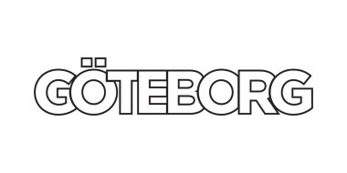 İsveç ambleminde basılı ve internetli Göteborg. Tasarım, modern yazı tipinde cesur tipografiye sahip geometrik stil, vektör illüstrasyonuna sahiptir. Beyaz arkaplanda izole edilmiş grafiksel slogan harfleri.