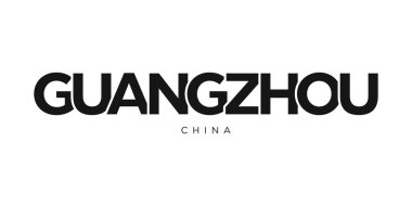 Guangzhou, Çin ambleminde baskı ve ağ anlamına geliyor. Tasarım, modern yazı tipinde cesur tipografiye sahip geometrik stil, vektör illüstrasyonuna sahiptir. Beyaz arkaplanda izole edilmiş grafiksel slogan harfleri.