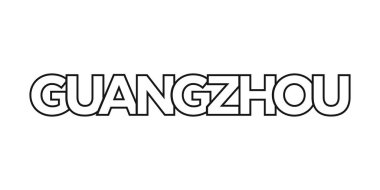 Guangzhou, Çin ambleminde baskı ve ağ anlamına geliyor. Tasarım, modern yazı tipinde cesur tipografiye sahip geometrik stil, vektör illüstrasyonuna sahiptir. Beyaz arkaplanda izole edilmiş grafiksel slogan harfleri.