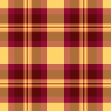 Tartan desenli, kırmızı ve turuncu renklerde dikişsiz vektörlü arka plan kumaş dokusu tekstil kontrolü.