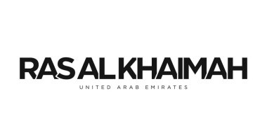 Ras Al Khaimah Birleşik Arap Emirlikleri ambleminde baskı ve ağ için. Tasarım, modern yazı tipinde cesur tipografiye sahip geometrik stil, vektör illüstrasyonuna sahiptir. Beyaz arkaplanda izole edilmiş grafiksel slogan harfleri.
