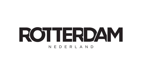 鹿特丹在荷兰是印刷和网络的标志 设计以几何风格为特色 用现代字体的粗体字体表示矢量图解 白色背景上孤立的图形化标语字母 — 图库矢量图片