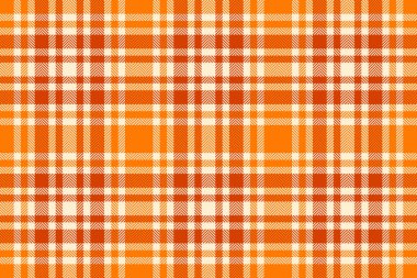 Beyaz badem ve turuncu renklerde ekose vektör desenli ekose kumaşın dokusuz arkaplanı.