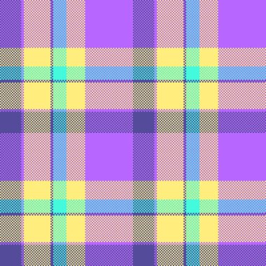 Kumaş desenli tekstil arkaplanının mor ve sarı renklerde desensiz ekoseli kumaşı kontrol et.