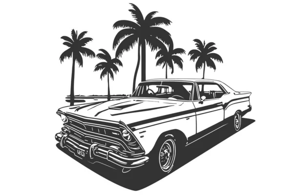 Классический Американский Автомобиль Солнечном Городе Пальмами Винтажная Иллюстрация Вектора Автомобиля — стоковый вектор