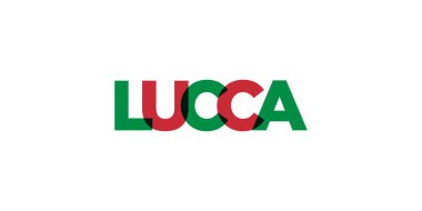 Lucca, İtalya ambleminde baskı ve ağ anlamına gelir. Tasarım, modern yazı tipinde cesur tipografiye sahip geometrik stil, vektör illüstrasyonuna sahiptir. Beyaz arkaplanda izole edilmiş grafiksel slogan harfleri.