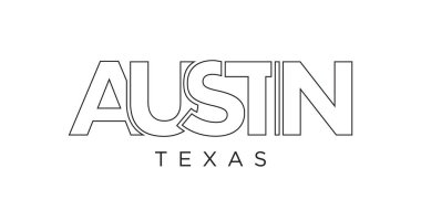 Austin, Teksas, ABD tipografi sloganı. Baskı ve web ürünleri için grafik şehir harfleriyle Amerika logosu.