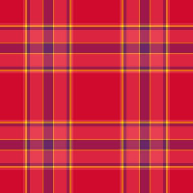 Kırmızı ve turuncu renklerde tekstil arkaplanı olan desenli tartan kumaş..