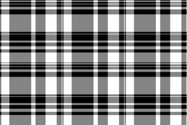 Siyah ve beyaz renklerde kumaş desenli tartan arkaplanı olan ekoseli kumaş dokusunun tekstil vektör kontrolü.