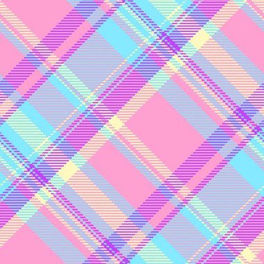 Kalıpsız ekoseli desenli tekstil vektörü. Pembe ve cyan renklerinde kumaş tartan arka planı var..