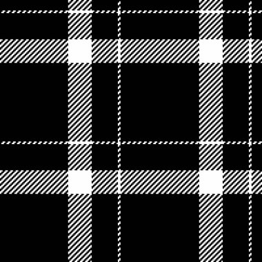 Siyah ve beyaz renklerde desenli tartan arkaplan kontrolüne sahip kusursuz tekstil ekoseli vektör desenli kumaş.