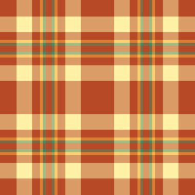 Turuncu ve kırmızı renklerde kumaş arkaplan dokusuna sahip kusursuz tartan vektörünün tekstil denetimi.